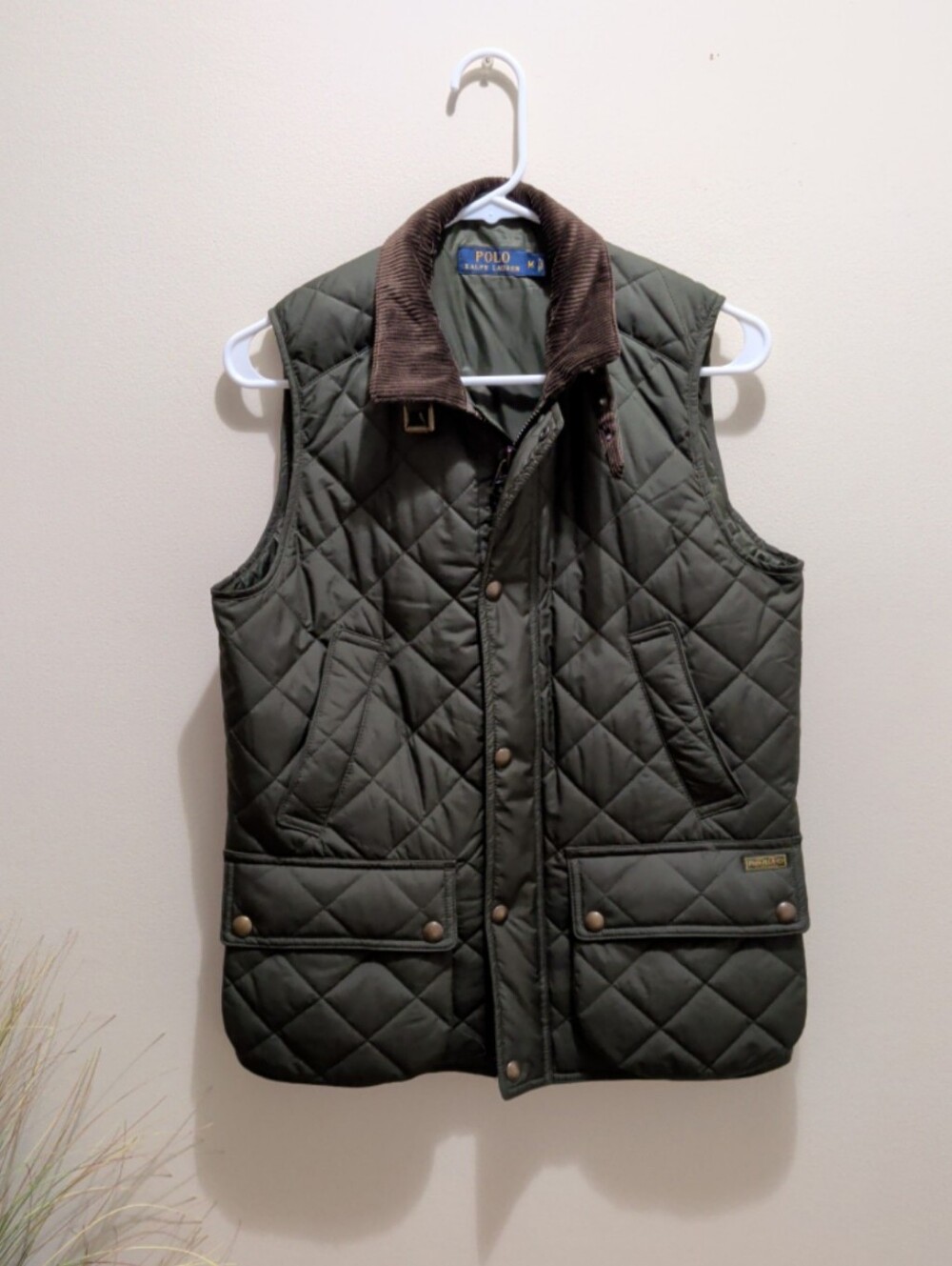Polo by Ralph Lauren Olive Green Quilted Vest with Brown Corduroy Collar Size M